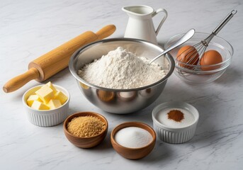 Baking ingredients with flour, eggs, and butter on marble countertop