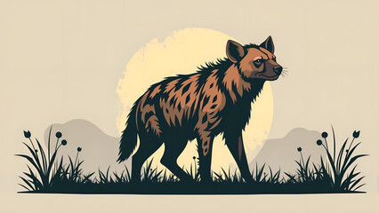 Hyena Standing in Grassland at Sunset Wildlife Portrait