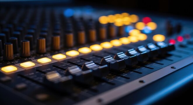 Macro shot of professional sound mixing console faders with selective focus and warm lights