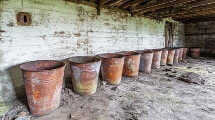 Naklejka premium A row of old rusty metal buckets lined up against a dusty wall in an abandoned building