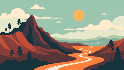 Minimalist Mountain Landscape with Winding River and Sunset Illustration