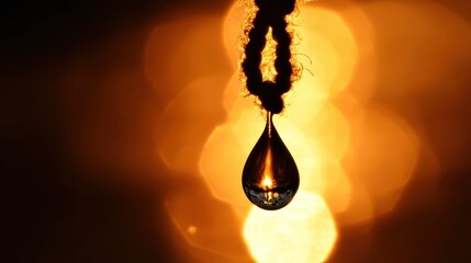 A single perfect water droplet suspended by a string reflects warm golden light