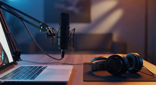 Home podcasting studio desk setup with microphone laptop and headphones in soft lighting
