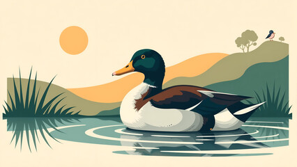 Mallard Duck Swimming on Calm Lake with Minimalist Nature Background
