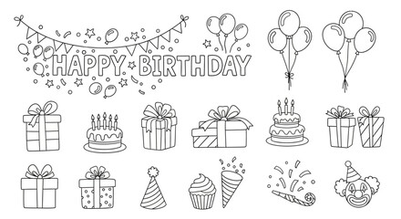 Obraz premium Happy Birthday Doodle Collection: Hand-Drawn Party Icons, Banners, and Cakes Line Art Set