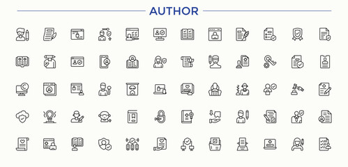Author icon set in linear style. Vector icons collection. Includes symbols for writer, education, stationery, literature, author. Editable stroke. Vector collection. Book icon set.