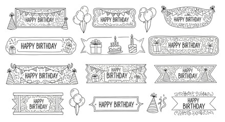 Happy Birthday Doodle Collection: Hand-Drawn Party Icons, Banners, and Cakes Line Art Set