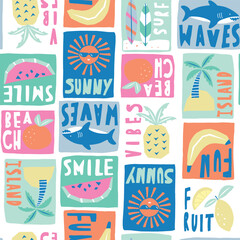 Colorful summer beach seamless pattern illustration with tropical elements