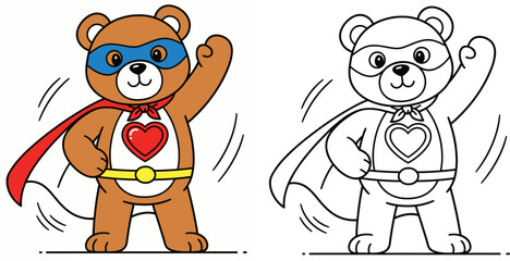 Adorable Superhero Teddy Bear Character Set with Colored Mascot and Coloring Book Outline Page Vector Illustration © AbuNazam