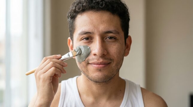 Young hispanic man applying a clay face mask with a brush in a bright bathroom. Grooming enthusiast following a daily male grooming skin care and self care ritual for clear skin
