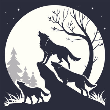 Black silhouette illustration of a wolf howling at the moon at night in a wild nature scene