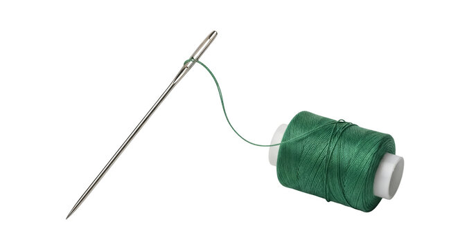 Green thread with needle PNG isolated on transparent background, sewing material for needlework and tailoring projects