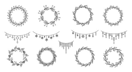 Obraz premium A set of minimalist floral wreaths and garlands on transparent background
