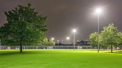 A well lit sports field at night with stadium lights illuminating the green grass and surrounding buildings