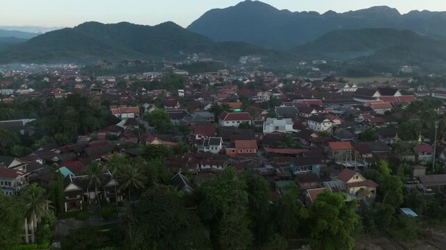 Drone shot of Luang Prabang, and Mekong river during sunset