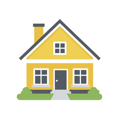 Yellow House with Black Roof and Chimney.