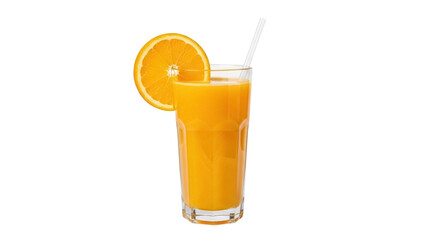 Refreshing orange juice in glass with straw and orange slice isolated PNG, healthy drink for...