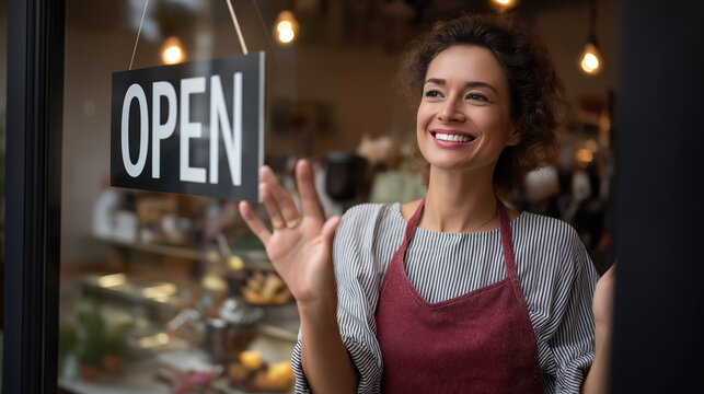 Enthusiastic small business owner in casual apron displaying prominent hiring notice in large coffee shop window attractive caf&eacute; recruitment sign with bold lettering successful