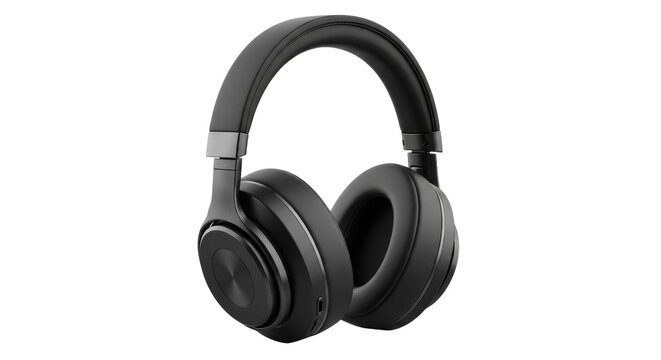 Black wireless headphones isolated PNG, modern audio equipment for music listening and entertainment on transparent background