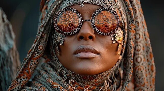 surreal futuristic portrait of oriental woman with sunglasses, visionary sci fi fashion portrait with headscarf, future oriental woman in surreal cyberpunk style