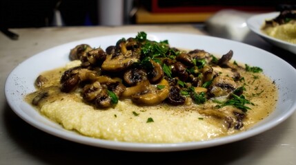 Pan fried mushrooms with creamy sauce on rice polenta. Generative AI