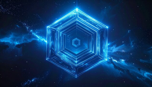 Glowing blue futuristic hypercube floating in a starry cosmic nebula