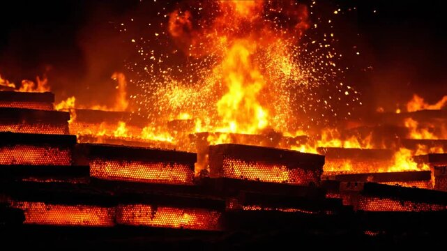 Rows of lit structures with an intense fiery glow against a dark sky