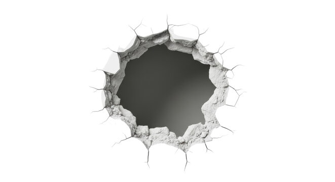 Cracked wall hole PNG isolated on transparent background, damaged plaster texture with broken surface for destruction and renovation concepts