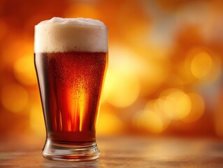 Glowing amber beer in a tall glass with creamy foam against warm bokeh background creating festive atmosphere and inviting refreshment mood