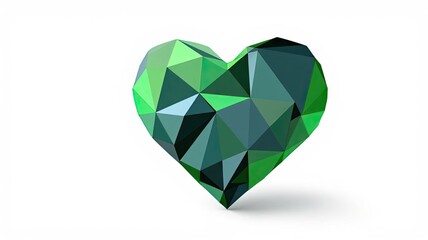 Faceted Green Gemstone Heart Shape on White Background.