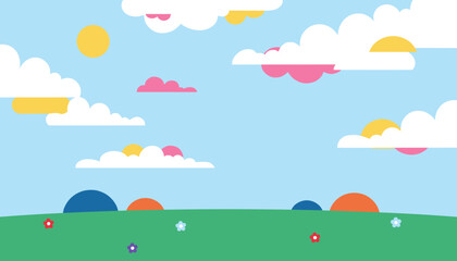 Fototapeta premium A whimsical cartoon landscape with a bright blue sky, fluffy clouds, a yellow sun, and a green grassy field dotted with colorful shapes and stars.