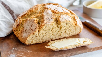 Rustic Irish Soda Bread Loaf with Buttered Slice on Wooden Board. Generative AI