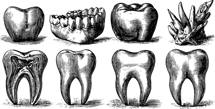 19th century engraving of forest animal teeth anatomy for botanical study and design