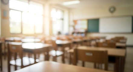 Fototapeta premium Empty School Classroom with Wooden Desks and Chairs
