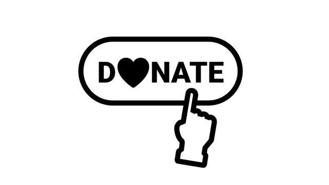 Donate Button Line Motion Icon. Hand clicking a donate button with a heart icon representing charity, fundraising, kindness, and non-profit support.