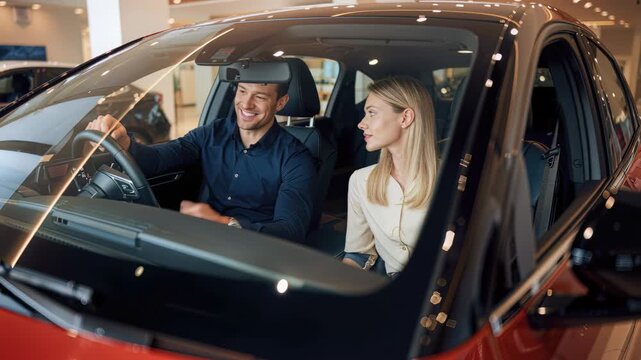 Happy Couple Experiencing New Car Together Inside Modern Showroom