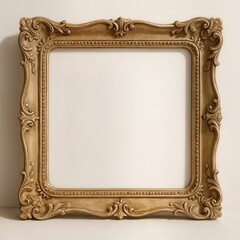Ornate vintage golden square frame mockup on beige wall with soft natural shadows, classic baroque style antique gold picture frame with empty center, luxury decor background template for artwork