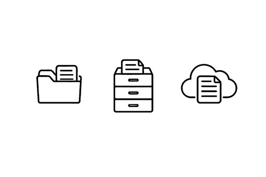 A set of three line art icons representing file storage and organization