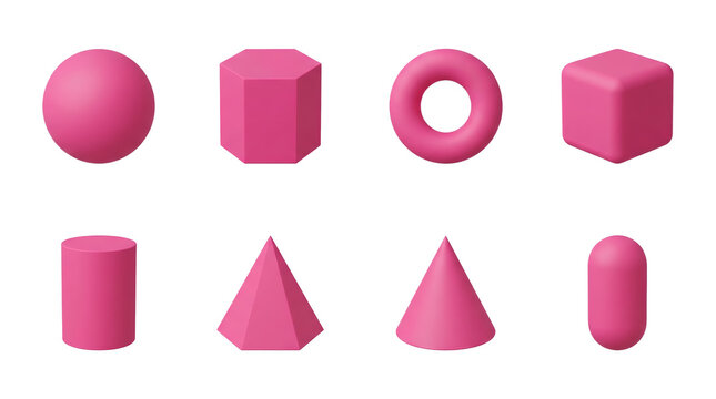 Pink geometric 3d shape set including sphere, cube, pyramid, cone, torus, and cylinder isolated. Abstract mathematical and graphic design element collection.