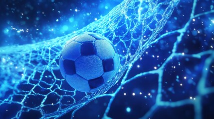 Fototapeta premium Electric blue soccer ball nestled in a luminous net, captured in a magical moment