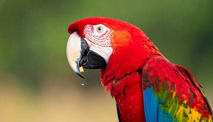 Fototapeta premium Closeup profile portrait of a vibrant red Scarlet Macaw in nature