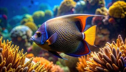 Colorful tropical angelfish swimming gracefully in a vibrant coral reef