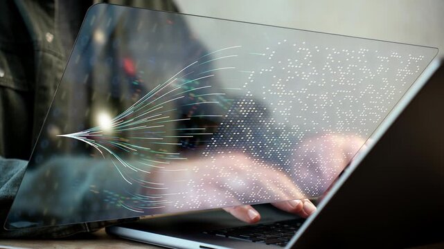 data arrays flowing into stacks and binary code, database concept, man typing on a laptop with a screen projection displaying data flow analysis, data engineering, and algorithmic optimization