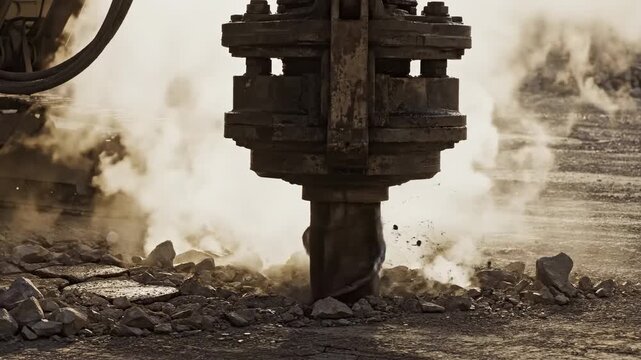 Heavy machinery with a powerful auger drill bit boring into the ground, creating dust and smoke, symbolizing fossil fuel exploration, energy extraction, and environmental pollution concepts