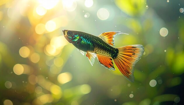 Colorful fancy guppy swimming in a sunlit planted aquarium with beautiful bokeh
