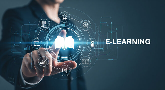 Businessman touching a glowing digital screen with e-learning icons and text
