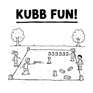 A black and white line art sketch showing children playing the traditional Scandinavian lawn game Kubb in a park setting. Perfect for summer activity and outdoor recreation themes.