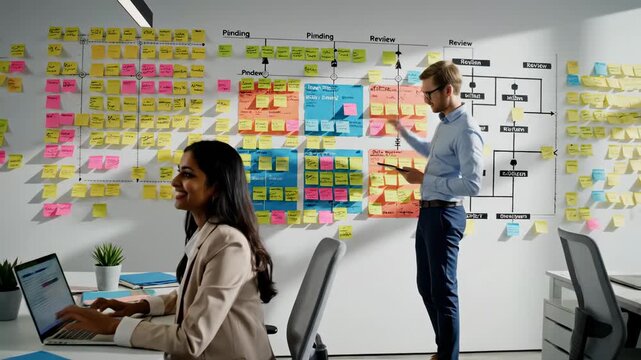Multiethnic business colleagues collaborating on a project in a modern office, with a project manager organizing a workflow on a kanban board with sticky notes while a woman works on her laptop