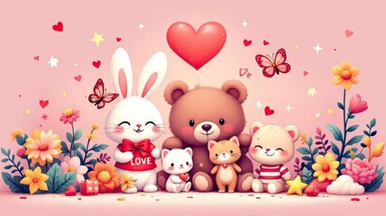Adorable cartoon stuffed animals celebrating love with hearts butterflies and flowers.