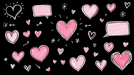 Collection of Hand Drawn Pink Hearts and Doodle Elements on Black Background.